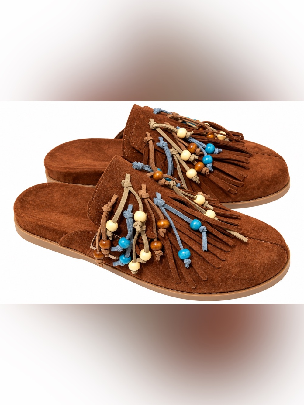 Azalea Wang BOHO Beaded Tassel Deck Mules Brown